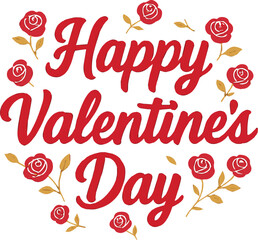 A festive graphic with the words Happy Valentine's Day in a bold, red, script font. The letters have a subtle 3D effect with a slight shadow.