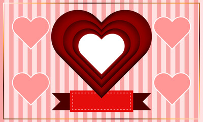 abstract pink red love hearts shapes papercut with ribbon blank label on pink light background card template