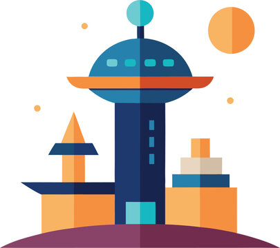 Futuristic cityscape with abstract buildings and planets in flat design style Keywords: futuristic, cityscape, abstract, buildings, planets
