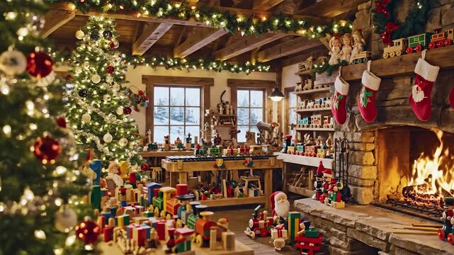 Cozy Christmas workshop filled with toys decorated tree and fireplace perfect for holiday season marketing and festive designs