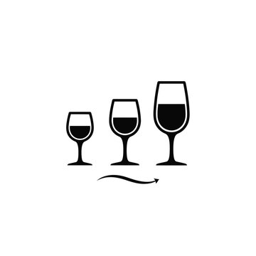 Three wine glasses in increasing size with liquid and curved arrow indicating progression on white background