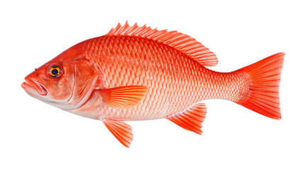 Obraz premium A vibrant red snapper fish, showcasing its brilliant crimson scales and unique profile, is presented in full detail against a pristine white background, perfect for culinary and marine themes
