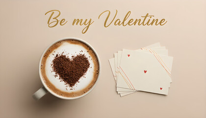 Romantic flat lay with cappuccino and greeting cards