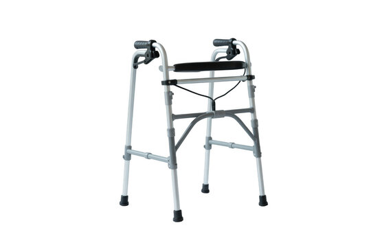 Folding aluminum medical walker with hand grips and seat for elderly or disabled mobility support isolated on transparent background
