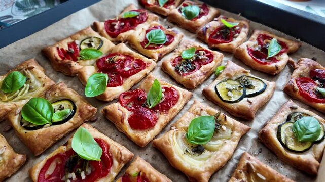 Baking tray full of vegetarian puff pastry pieces with vegetables