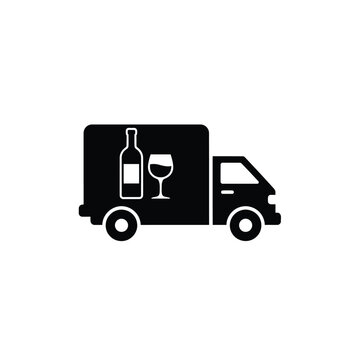 Wine delivery truck with bottle and glass graphic on its side, representing transportation for beverages