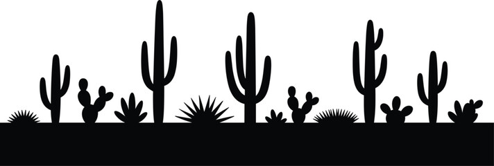 Silhouette desert landscape with various cacti and succulents on white background Keywords: desert, cactus, succulent © MdShahin