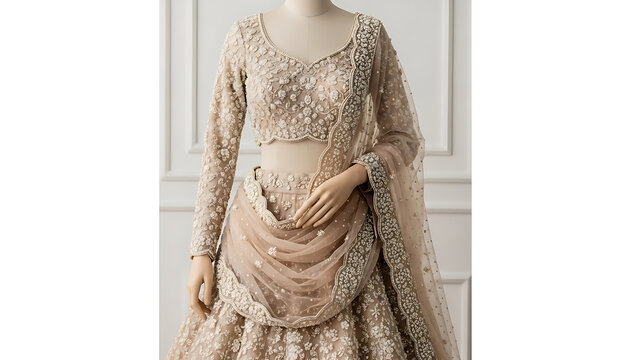 Sophisticated Beige Ethnic Gown with Fine Silver Thread Embroidery and Beaded Floral Motifs Shown on a Mannequin Backdrop