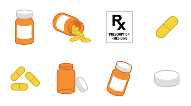 Medical and pharmacy icon set with pills, capsules, prescription bottles, and an Rx symbol in a clean flat design vector illustration style for healthcare concepts