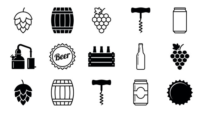 Collection of black alcohol beverage icons featuring beer and wine elements like hops, grapes, barrels, and bottles in a clean, minimalist vector illustration style