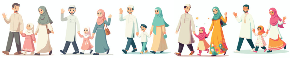 Muslim family vector walking together during Ramadan side view