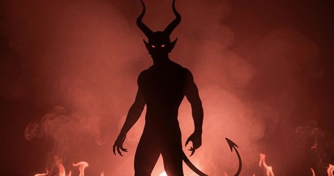 Silhouette figure horns and tail against red backdrop