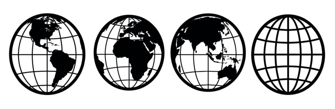 Four black and white oval globe icons showing different views of the world map with continents and a blank grid, representing a simple graphic illustration for global concepts