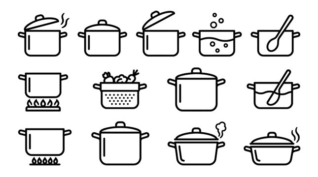 Set of cooking pot and pan line icons showing various kitchen utensils and food preparation processes like boiling, steaming, and stirring in a minimalist outline style