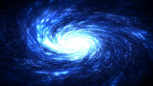 Abstract blue space vortex with spiral galaxy rotation and glowing white center loop