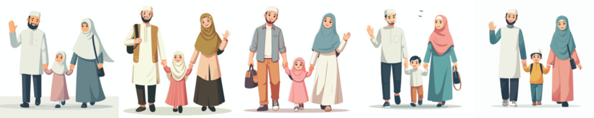 Muslim family vector walking together during Ramadan front view