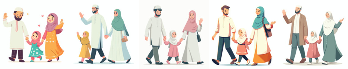 Obraz premium Muslim family vector walking together during Ramadan side view