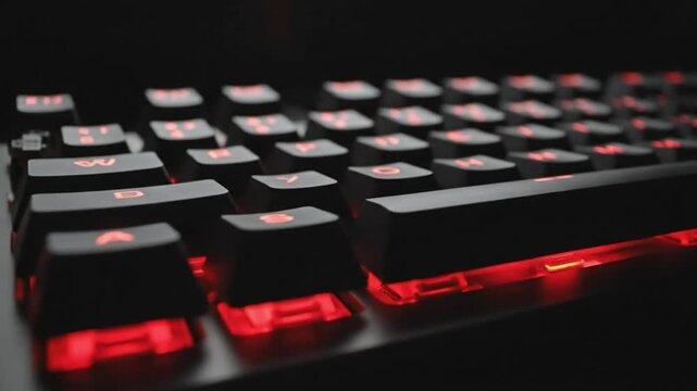 Dark Macro Shot of Black Keyboard with Intense Red Illumination - High-Tech Cyber Security Background.