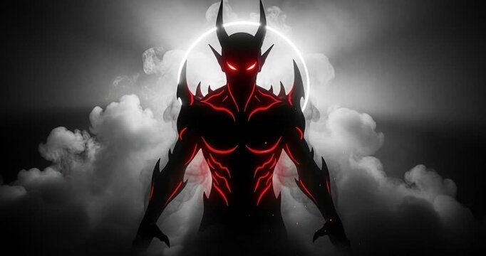 Silhouette figure with horns and glowing elements against dramatic background