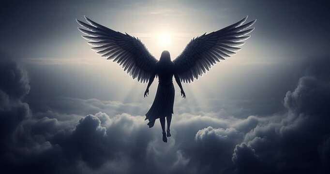Silhouette of a figure with winged extensions against a cloudy sky