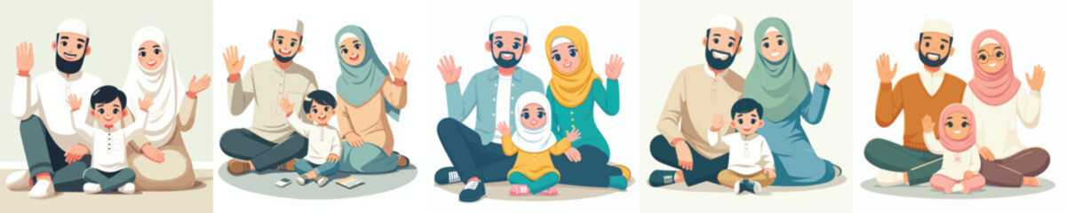 vector of muslim family sitting together on the floor waving hands