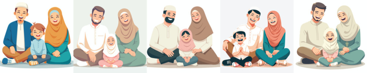 Muslim family vector sitting happily together on the floor during Ramadan