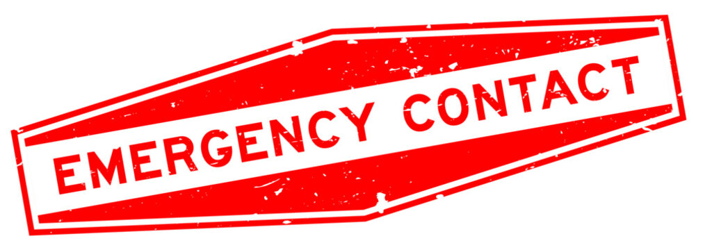Grunge red emergency contact word hexagon rubber seal stamp on white background