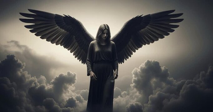 Winged figure amidst clouds symbolic representation