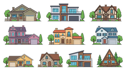 Obraz premium Diverse collection of nine cartoon houses in various architectural styles, showcasing different residential building facades with simple landscaping