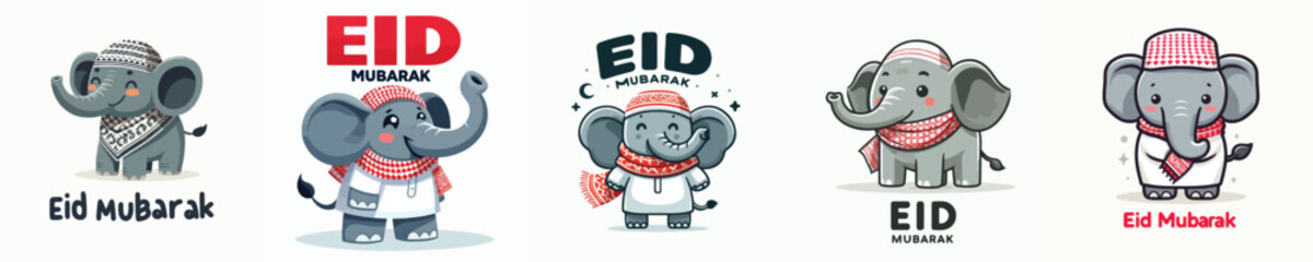 cute elephant character vector dressed in Muslim costume with word "Eid Mubarak"