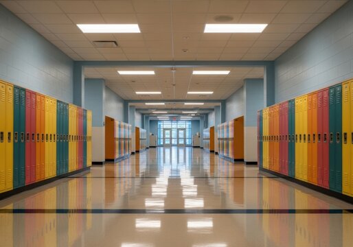 Empty school hallway with colorful lockers and shiny floor