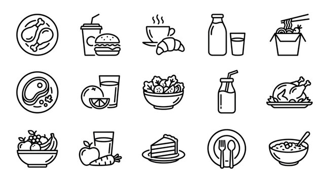 Set of black outline food and drink icons representing various meals like breakfast, lunch, dinner, fast food, healthy options, beverages, and desserts in a simple linear style