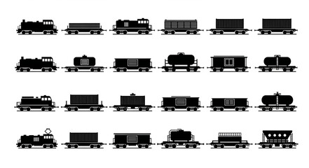 Collection of various train engine and carriage silhouettes. © Isti