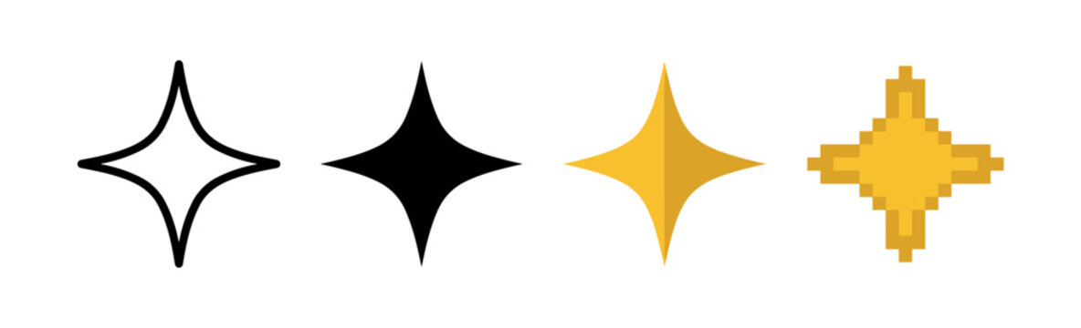Collection of four-pointed star sparkle icons in various graphic styles, from a simple line art and black silhouette to a golden flat and an 8-bit pixelated design