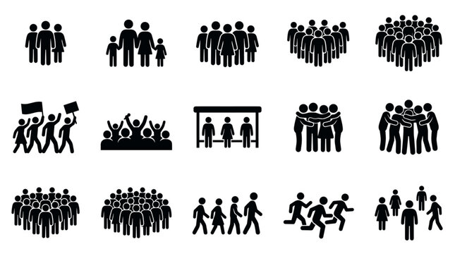 Collection of black stick figure icons representing people in various social situations like family, community, protest, and teamwork, illustrating different group sizes and activities