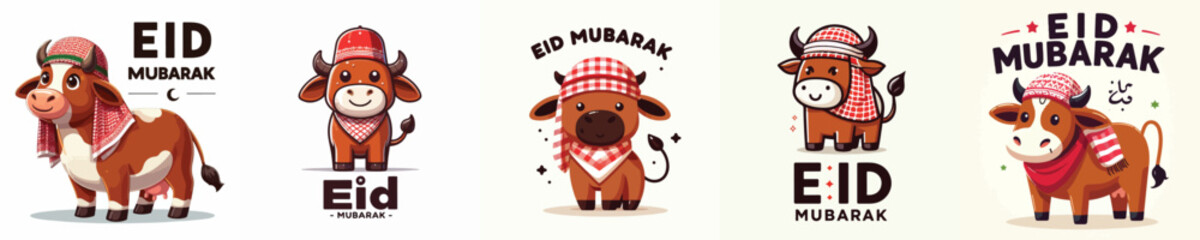 Fototapeta premium cute cow character vector dressed in Muslim costume with word 