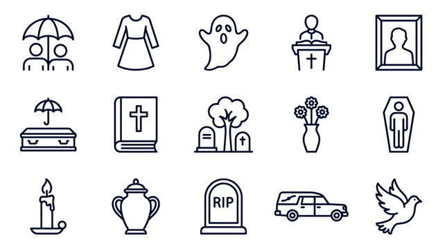 Collection of funeral and mourning icons in a minimalist line art style showing various symbols of death, grief, and remembrance like a casket, urn, hearse, and gravestone