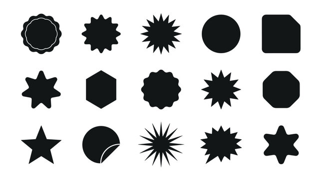 Collection of fifteen black geometric shapes for stickers, labels, and badges, featuring starbursts, circles, and polygons in a minimalist graphic design for promotion
