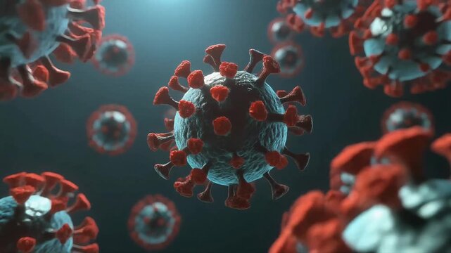 3D rendering of Science Molecular & Particles virus cells floating in a dark environment from a close-up viewpoint