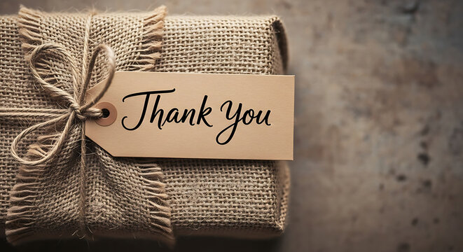 Gift wrapped in burlap with a thank you tag on top