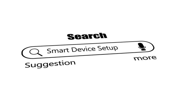 Smart device setup search bar on white background, minimal black web browser interface with magnifying glass and voice search icon, iot and home automation seo concept.