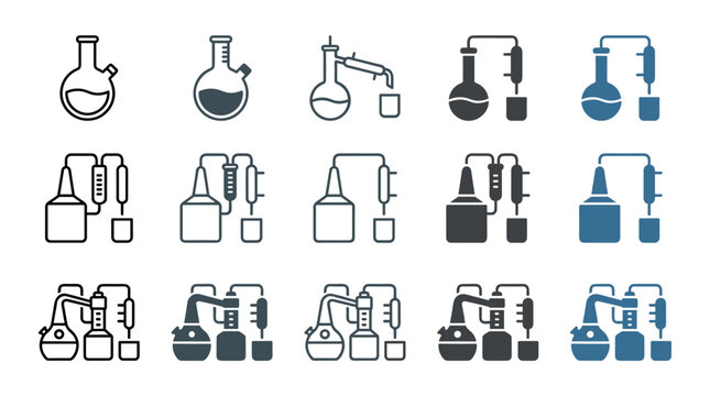 Collection of distillation apparatus icons in various styles including line art, glyph, and two-tone color variations, illustrating laboratory glassware for chemical experiments