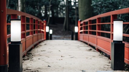 Naklejka premium Orange bridge with lights in a tranquil park setting