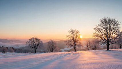 Beautiful winter countryside sunset with silhouetted trees, Snowy winter wonderland landscape with pastel evening sky.