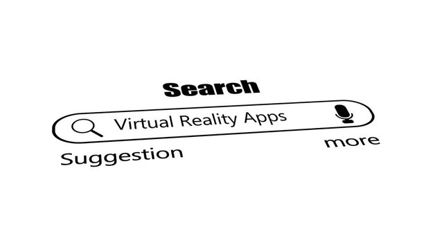 Virtual reality apps search bar on white background, minimal black web browser interface with magnifying glass and voice search icon, vr technology and gaming seo concept.