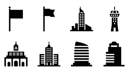 Fototapeta premium Minimalist cityscape icons: buildings and structures in silhouette style