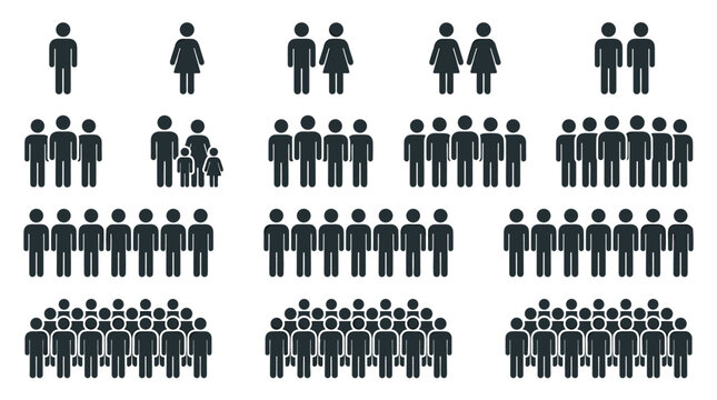 Large collection of black people icons showing individuals, couples, families, and different sized groups in a minimalist flat vector pictogram style for infographics