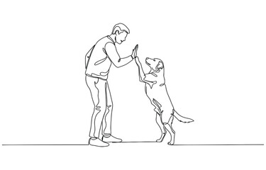 Obraz premium Man high-fiving dog in continuous line art drawing style.
