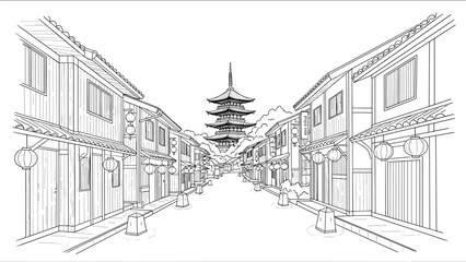 Fototapeta premium Traditional japanese street scene with pagoda in linear art style