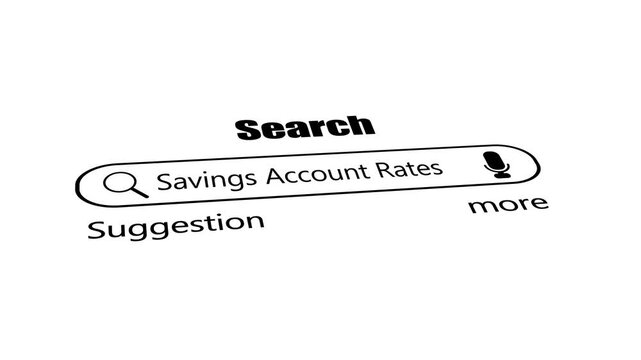 Savings account rates search bar on white background, minimal black web browser interface with magnifying glass and voice search icon, banking and personal finance seo concept.